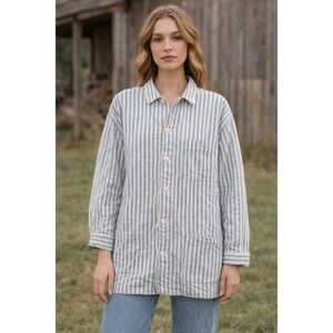 Trent Nathan Button Up Shirt Women's Sz L Blue White Striped Top Long Slv Preppy